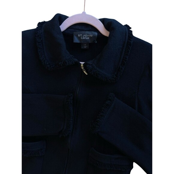 ST. JOHN CAVIAR KNIT FULL ZIP WOMENS FRINGED BLAZER BLACK CLASSY SZ 6 POCKETS - Picture 12 of 16